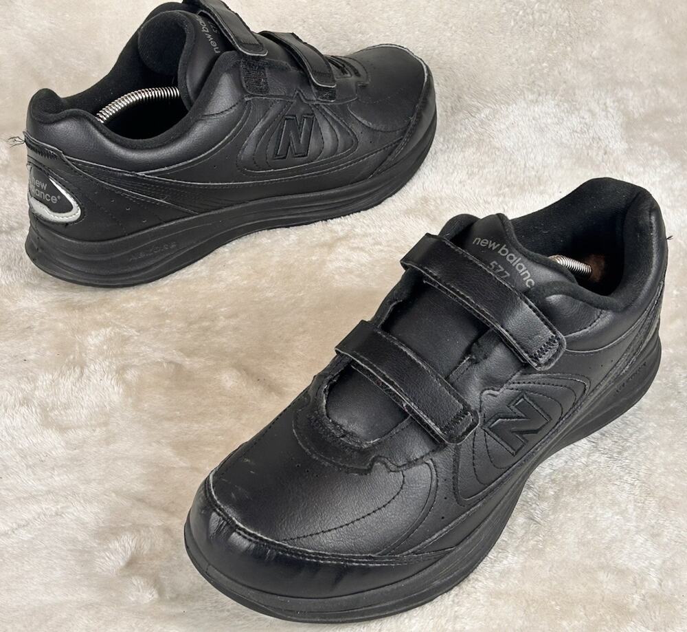 New Balance 577 Mens Walking Shoes Black Leather Hook Loop MW577VK Size 11 4E